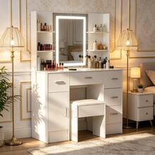 Dressing Table Makeup Vanity Table with Smart LED Mirror 6 Drawers and Stool Set, Vanity Desk Set with Large LED Lighted Mirror & Drawers Makeup Table - Dresser Vanity Makeup Desk Stool with LED Light Mirror Drawers Dressing Table - Blanco - Ver 2