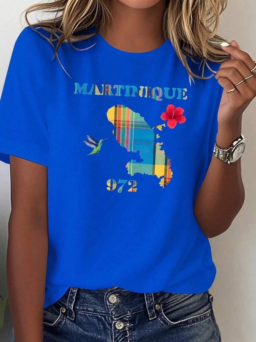 summer 2026Camiseta cómoda de color sólido para mujer, con un patrón de cuadrícula del mapa de Martinica. - Azul - Ver 1