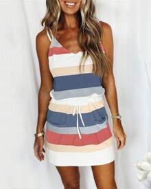 Vestido largo tipo camisola holgado con estampado de rayas, moda de verano para mujeres europeas y americanas. - Verde - Ver 3