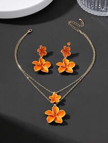 1pc New Vintage Summer Vacation Beach Style Handmade Drip Oil Vibrant Orange Layered Hibiscus Pendant Multi-Layer Necklace & 1 Pair Earrings Women Jewelry Set - Orange - View 3