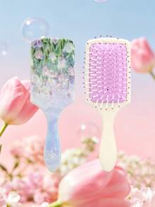 1pc Tulip Pattern Detangling Hair Brush,Paddle Detangler Hair Brush,Large Size Square Air Cushion Comb With Handle,Detangling Hairbrush, Detangler Hair Brush For All Hair Types, Detangling Hairbrush Glides Through Tangles For Wet, Dry & Damaged Hair - Apricot - View 7