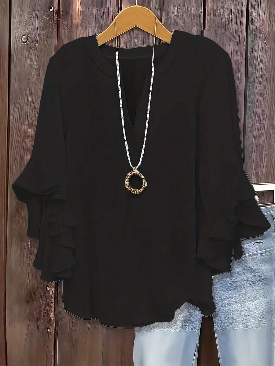 Size - Size - Women's Blouse With Ruffles And Three-Quarter Sleeves, Solid Color, Casual Loose Fashion, V-Neck, For Business - 黑色 - 查看 1