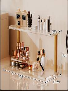 1pc Modern Gold Multi-Layer Cosmetic Storage Rack, Solid Wood And Acrylic Material, Space-Saving Countertop Organizer With Practical Shelves, Suitable For Wall, Bathroom And More - Multicolor - View 2