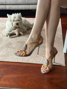 Sandal nữ cao cấp sang trọng tuyệt đẹp mẫu mới hè 2026, hở mũi kiểu Pháp, gót cao đính đá, khóa cài đính đá, phong cách dễ thương đi tiệc và hộp đêm - Vàng - Xem 2