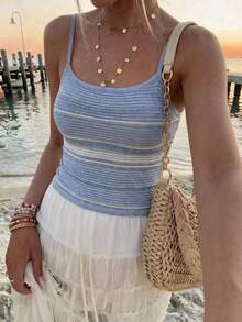 Live To Mo Women's Sexy Striped Bodycon Knit Camisole Tank Top,Backless Design, Beach Vacations Minimalist And Fashion For Daily Wear Casual - Blue and White Stripes - View 7