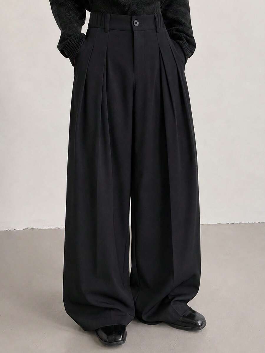 HEYKESON Men's Pleated Wide Leg Suit Pants, Drapey Loose Fit Casual Dress Trousers With Side Pockets - Black - View 1