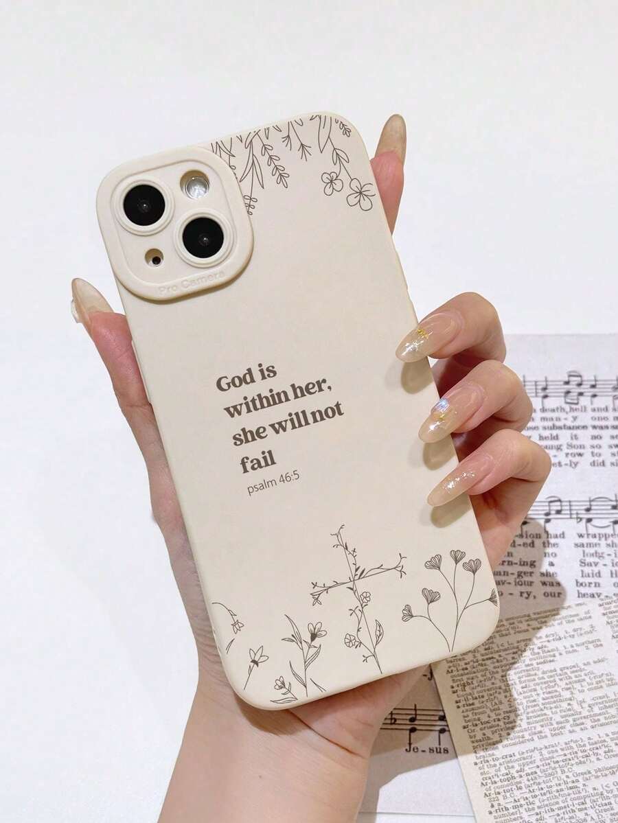 Soft Phone Case With Minimalist Design And Religious Slogan, Solid Color, Leaf Pattern And God Slogan, Compatible With 11/12/13/14/15 Pro, Waterproof, Shockproof, Drop-Proof And Scratch-Resistant, Anniversary Gift. - Multicolor - View 1