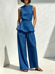 Women's Two-Piece Set: Sleeveless Blouse With Round Neck, Ruffled Hem, Fitted Waist, And Textured Palazzo Pants; Elegant Casual Outfit For Office, Everyday Wear, And Going Out - 寶藍色 - 查看 5