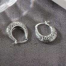 1 paire de boucles d'oreilles anneaux texturées vintage à la mode, grandes boucles d'oreilles rondes, convient pour le port quotidien décontracté, cadeau surprise parfait pour elle - Argent ancien - Voir 6