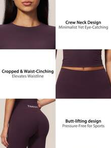 TimeOff Conjunto deportivo de mujer de un solo color con cuello redondo, manga corta, pantalones acampanados de largo medio - Morado - Ver 4