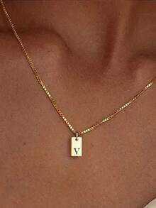 1pc Fashionable Stainless Steel Rectangular 26 Letter Pendant Necklace For Women, Suitable For Daily Wear, Birthday Gift - Yellow Gold - View 24