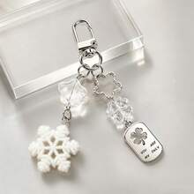 1pc Women's Flocked Snowflake Pendant Transparent Four-Leaf Clover Beaded Alloy Hollow Four-Leaf Clover Charm Keychain Bag Pendant - White - View 2