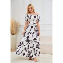Oyyn Elegant High Waist Floral Print Maxi Dress With Full Hem For Parties, Women's Clothing 2024, Chic And Sexy Off Shoulder Maxi Dresses Size S - 黑色 - 查看 2