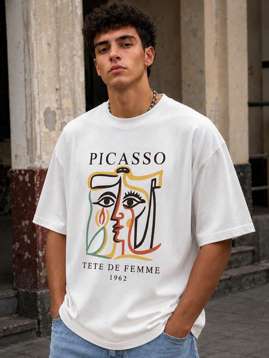 Camiseta de manga corta holgada y minimalista con estampado de arte lineal abstracto estilo Picasso para hombre, ropa urbana casual - Blanco - Ver 1