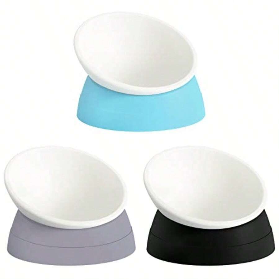 Ravitat 3Pcs Elevated Cat Food Bowl - Adjustable, Anti-Slip Anti-Noise, Protects Pet's Spine - Thickened Plastic, 17 Oz - Light Blue Black Grey - View 1