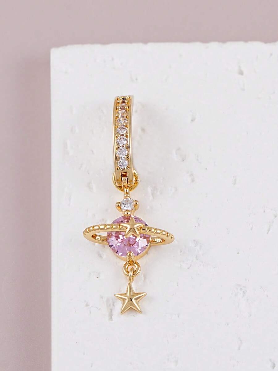 1pc Pink Cubic Zirconia Planet Shaped Belly Button Ring, Suitable For Women's Daily Wear, Dating, Party And Gathering - Yellow Gold - View 1