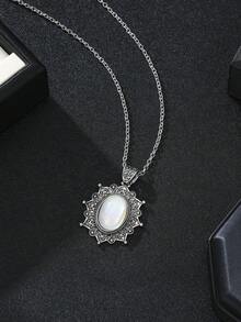 Eterna Glow 1件復古時尚幾何水滴形仿月長石吊墜項鍊，雕花復古蕾絲彩色寶石項鍊，適合女性日常配戴 - 風格3 - 查看 10