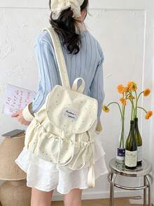 Cream White And Blue Star Print Flap Drawstring Backpack, Soft And Lightweight Polyester Fabric, Gentle Casual Style, Adjustable Shoulder Straps, Large Capacity Interior, All-Season Wear, Unisex Adult Style, Suitable For School, Travel, Commute And Daily Outings - Multiple Styles - View 5