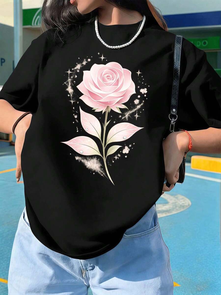 Camiseta extragrande con estampado de rosas rosas para primavera, tejido de primera calidad, estampado gráfico único, estilo casual, transpirable. - Negro - Ver 1