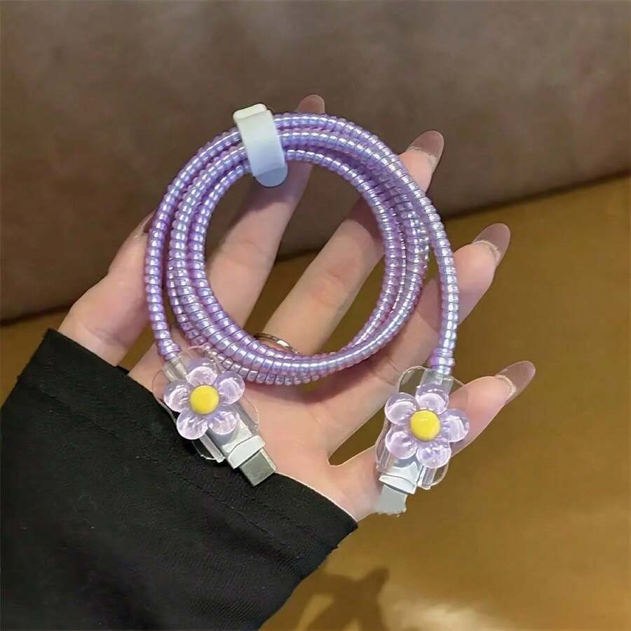 4件組花卉設計線材保護套-耐用塑料防刮線材,兼容 Lightning 轉 USB-C Lightning 數據線,時尚紫色與柔和配色,適合女性與女孩(理想禮物) - 紫色花卉 - 查看 1