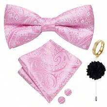 5Pcs Pink Paisley Jacquard Men Accessory Set, Bow Tie Pocket Square Cufflinks Brooch Detachable Ring, Random Cufflink Patterns, For Wedding - Pink - View 2