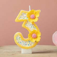 1pc Pink Glitter Number Birthday Cake Candle, Shiny Number Cake Decoration Topper, Party Decoration And Anniversary Celebration, Yellow Glitter Number 1 Candle With Daisy Flower Decoration, Birthday And Anniversary Party Cake Topper - Yellow - View 16