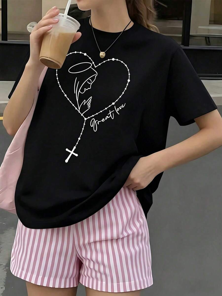 NewSummerCasual Women's White T-Shirt With Graphic Of The Virgin Mary And Heart-Shaped Rosary With Cross, Aesthetic Religious Style Short Sleeve T-Shirt, "Great Love" Faith Top, Blouse C - 黑色 - 查看 1