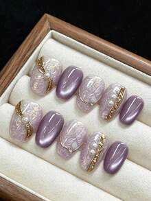 qihangxin 10pcs Handmade Short Press-On Nails, Purple Cat Eye, Artisan Hand-Painted Pattern, Exquisite Silver Decor With Rhinestones, Double Row Pearl Gold Trim, Purple Oval Nails, Autumn Manicure, Comes With Tool Kit, Suitable For Daily Wear And Holiday Gifts - Violet Purple - View 13