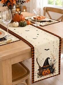 1 Set-Halloween Linen Table Runner And Placemats Set, Witch Hat Pumpkin Bat Spider Web Buffalo Plaid Dining Table Decor, Fall Kitchen Table Decorations For Farmhouse Home, Halloween Party, Holiday Dinner And Spooky Home Decor - Multicolor - View 8