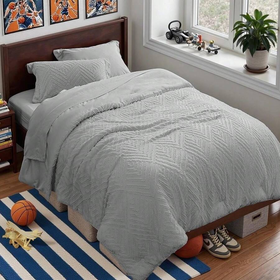 Zzlpp - 7 Piece Complete Duvet Set, Cream Tufted Bed In A Bag With Duvet And Sheets, All Season Boho Bedding Set With 1 Duvet, 2 Decorative Pillowcases, 2 - 淺灰色 - 查看 1
