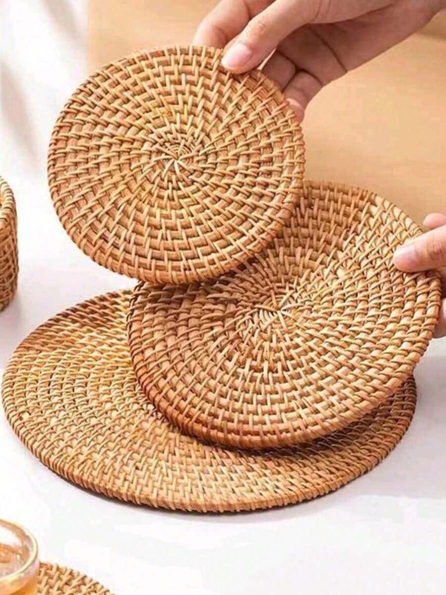 1pc Creative Round Rattan Heat Insulated Pad, Anti-Scald High Temperature Resistant Table Mats, Multi-Purpose Placemats, Coasters, Teapot Trivets For Bowls, Coffee Cups, Household Dining Table Use,Home Decor,Coasters,Kitchen Essentials - View 1