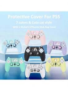 Kawaii Cat Design P5 Handle Protective Cover – Non-Slip Soft Silicone Sleeve With Analog Stick Covers & Sticker Decals, Shockproof Controller Accessory - View 2