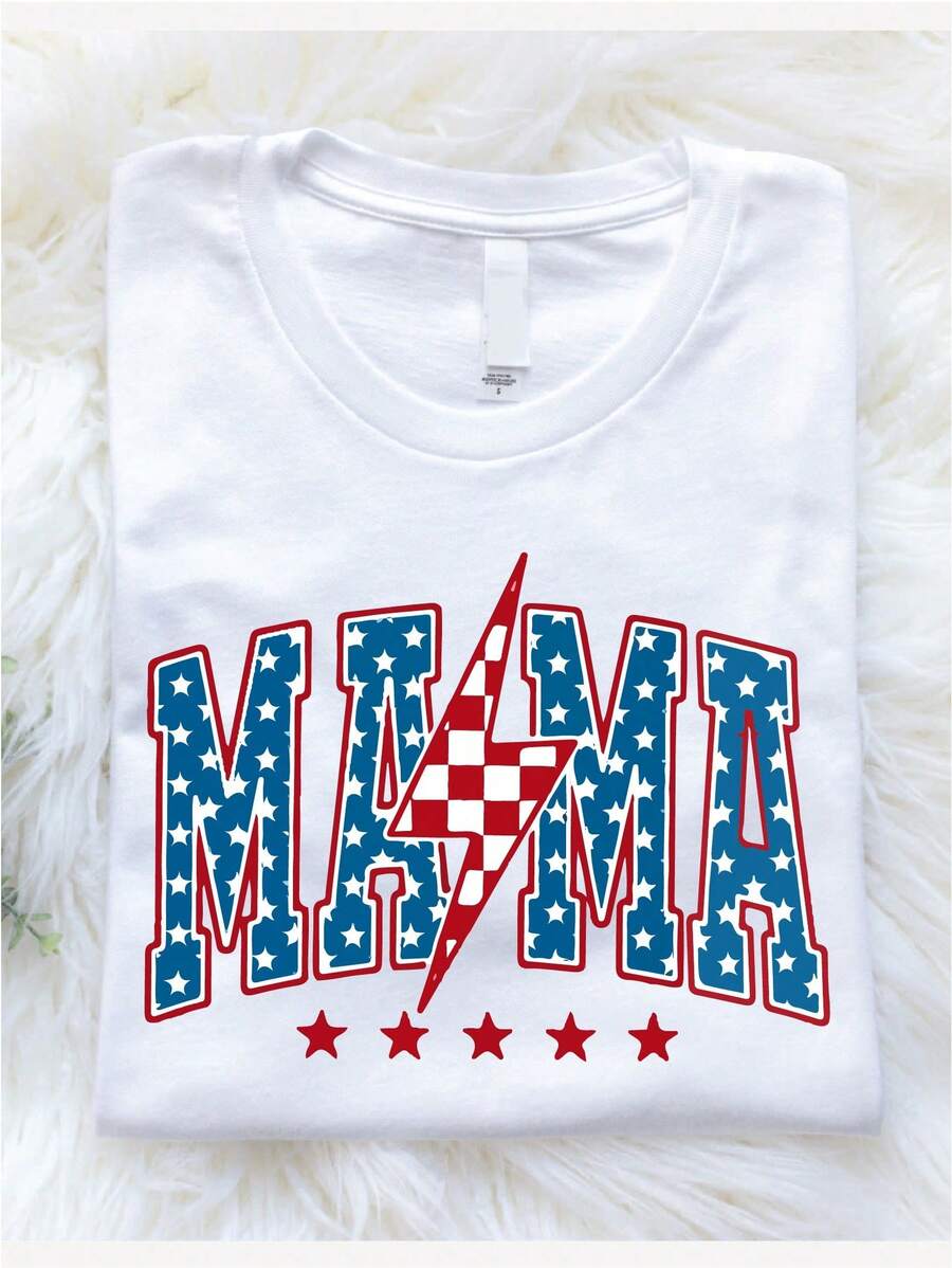 "American Mama" T-Shirt, 4th Of July Pregnancy Announcement T-Shirt, Red, White, And Blue T-Shirt For Mom, Patriotic Gift For Mom, New Mom Outfit For Independence Day - 白色 - 查看 1