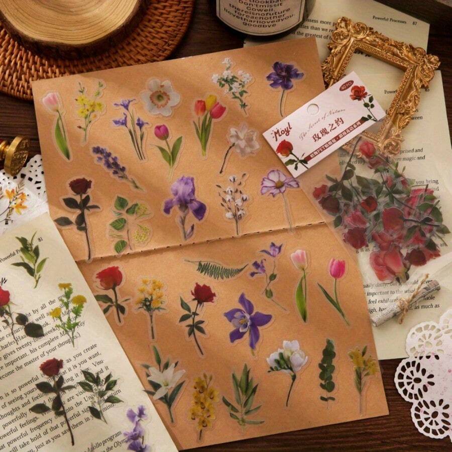 40pcs/Pack Vintage Realistic Botanical Floral PET Waterproof Stickers, Vintage Plant Flower Self-Adhesive Stickers, Suitable For Planner, Scrapbook, Water Cup DIY Decoration, Aesthetic Handmade Stationery Supplies, Suitable For Planner, Laptop Art Projects - 40Pcs - View 1