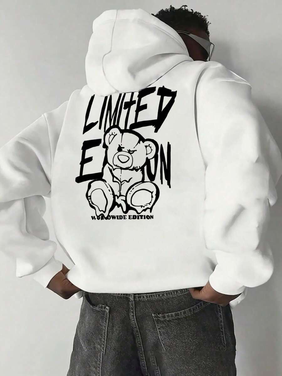 Men's Casual And Versatile Sweatshirt With Letter Print, Cartoon Bear, Kangaroo Pocket, Drawstring, For Autumn/Winter - 白色 2 - 查看 1