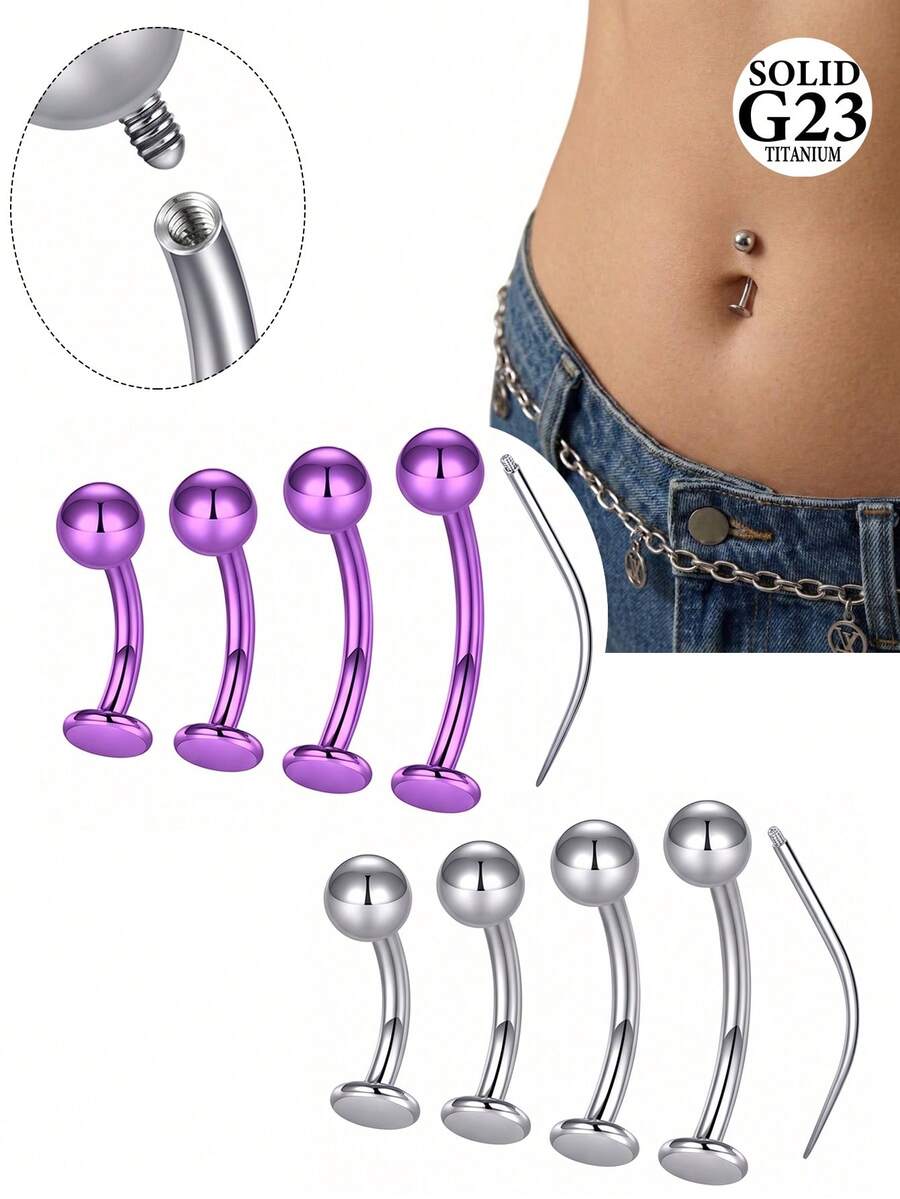 CIZME 2pcs/Set Fashion Titanium Floating Navel Rings, Flat Bottom Navel Rings, Floating Navel Piercing Jewelry, Flat Bottom Internal Thread Purple Silver Navel Rings With Piercing Tapered Needle, Curved Body Piercing Set, Navel Rings, Navel Piercing Jewelry, Navel Rings, 14g 8mm 10mm 12mm 14mm Navel Rings Earrings, Unisex Daily Decoration - Belly Button Rings - View 1