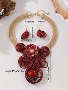 1 Set Gorgeous Vintage Necklace & Earrings Handmade Mature Elegant Personalized Fashion Evening Dress Party - Red - View 5