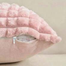 2Pcs Luxury 3D Bubble Grid Faux Rabbit Fur Throw Pillow Covers, Ultra Soft Fluffy Plush Square Cushion Cases Hidden Zipper Design, Decorative Pillowcases For Sofa Couch Bed Car Farmhouse Home Decor, Assorted Sizes 17x17inch And 12x20inch - Pink - View 4