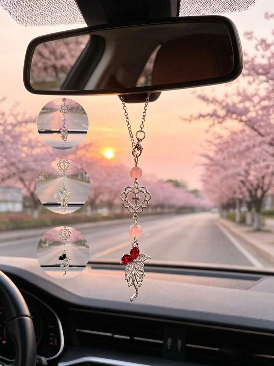 1個鏤空愛心十字架汽車後視鏡吊飾,鑲嵌馬賽克鑲鑽設計,汽車內飾裝飾用品,GM內飾裝飾配件 - 寶石花朵 - 查看 1