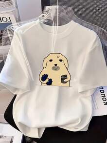 Under The Radar Camiseta de Manga Corta con Hombros Caídos y Estampado de Perro en Salsa, Linda Camiseta Deportiva con Estampado de Perro Pequeño y Mancuerna, Cuello Redondo Holgado, Manga C - Blanco - Ver 1