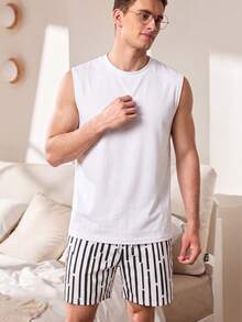 Men's Summer Crew Neck Casual Tank Top And Casual Shorts Loungewear Set - White - View 4