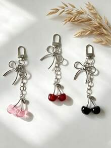 1pc Realistic 3D Cherry Bow Keychain Decoration, Bag Accessory, Phone Charm Pendant - A - View 1