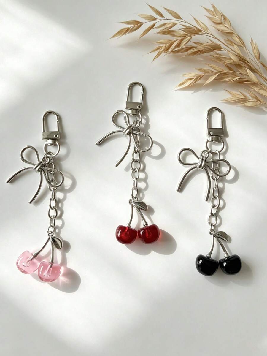 1pc Realistic 3D Cherry Bow Keychain Decoration, Bag Accessory, Phone Charm Pendant - A - View 1