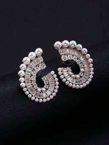 1 paire de boucles d'oreilles pendantes de luxe géométriques avec CZ 5A & perles fausses, monture en cuivre, pour mariage & robes de soirée, fêtes - Superbes boucles d'oreilles - Voir 1