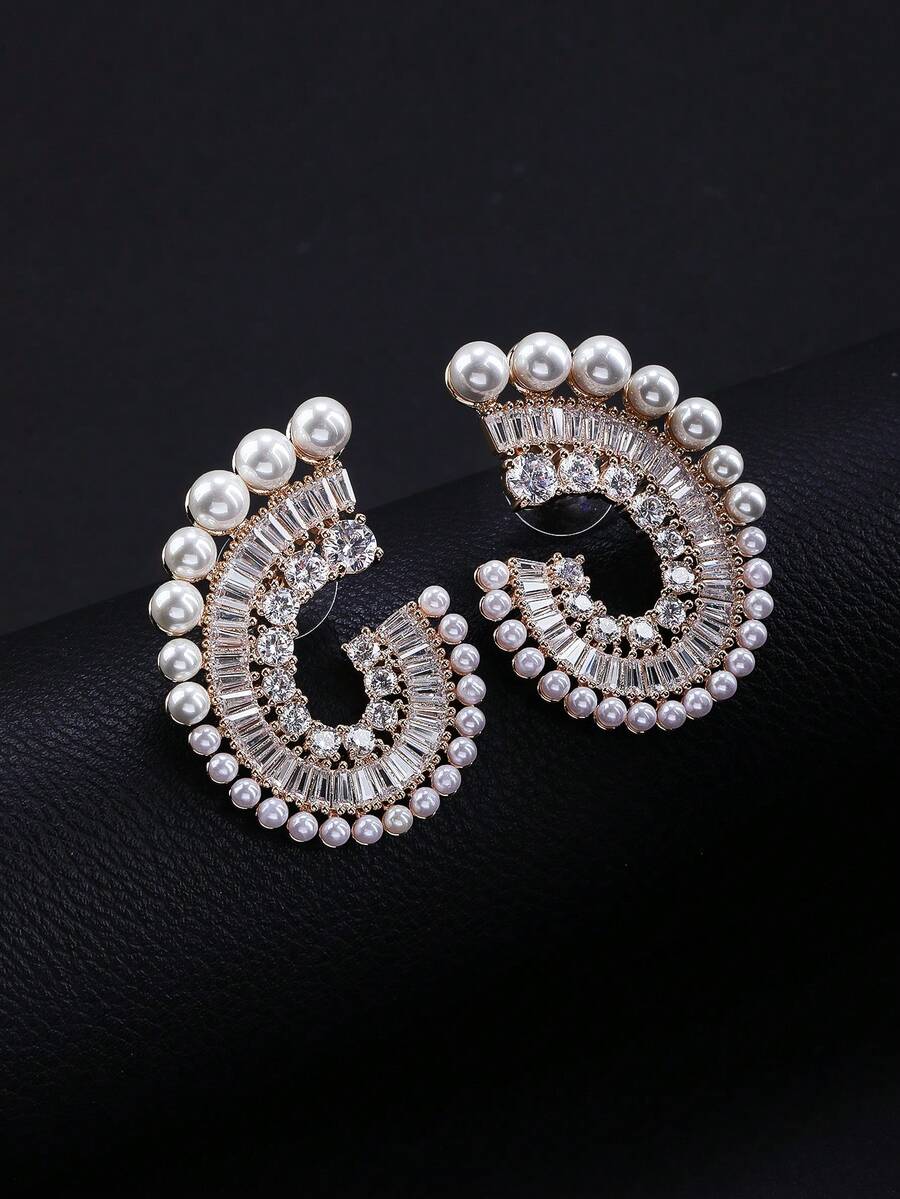 1 paire de boucles d'oreilles pendantes de luxe géométriques avec CZ 5A & perles fausses, monture en cuivre, pour mariage & robes de soirée, fêtes - Superbes boucles d'oreilles - Voir 1
