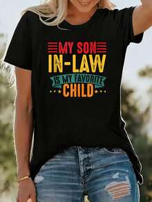 My Genius Is My Favorite Son - Women's Funny Short Sleeve T-Shirt, Plus Size, Crew Neck, Novelty Design, Casual Graphic, 100% Polyester, 1 Piece, 220g, T-Shirts - 黑色 - 查看 1