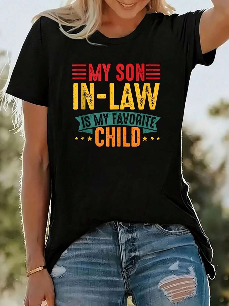 My Genius Is My Favorite Son - Women's Funny Short Sleeve T-Shirt, Plus Size, Crew Neck, Novelty Design, Casual Graphic, 100% Polyester, 1 Piece, 220g, T-Shirts - 黑色 - 查看 1