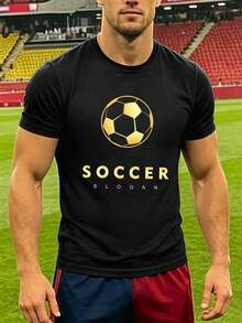 Camiseta gráfica de fútbol para hombre, color negro y dorado, de algodón suave, estilo urbano hip-hop, cómoda, resistente, dise?o gráfico. - Negro - Ver 2