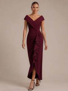 EVERPRETTY Women's Elegant Noble Asymmetric Ruffle V-Neck Mermaid Midi Formal Evening Gown, Autumn Wedding Guest Dress, Suitable For Evening Party Wedding - Burgundy - View 6