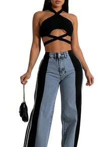 Blazique Women's Fashion Striped Patchwork Wide Leg Pants, New Style Casual High Waist Elastic Straight Trousers Spring - Green - View 1